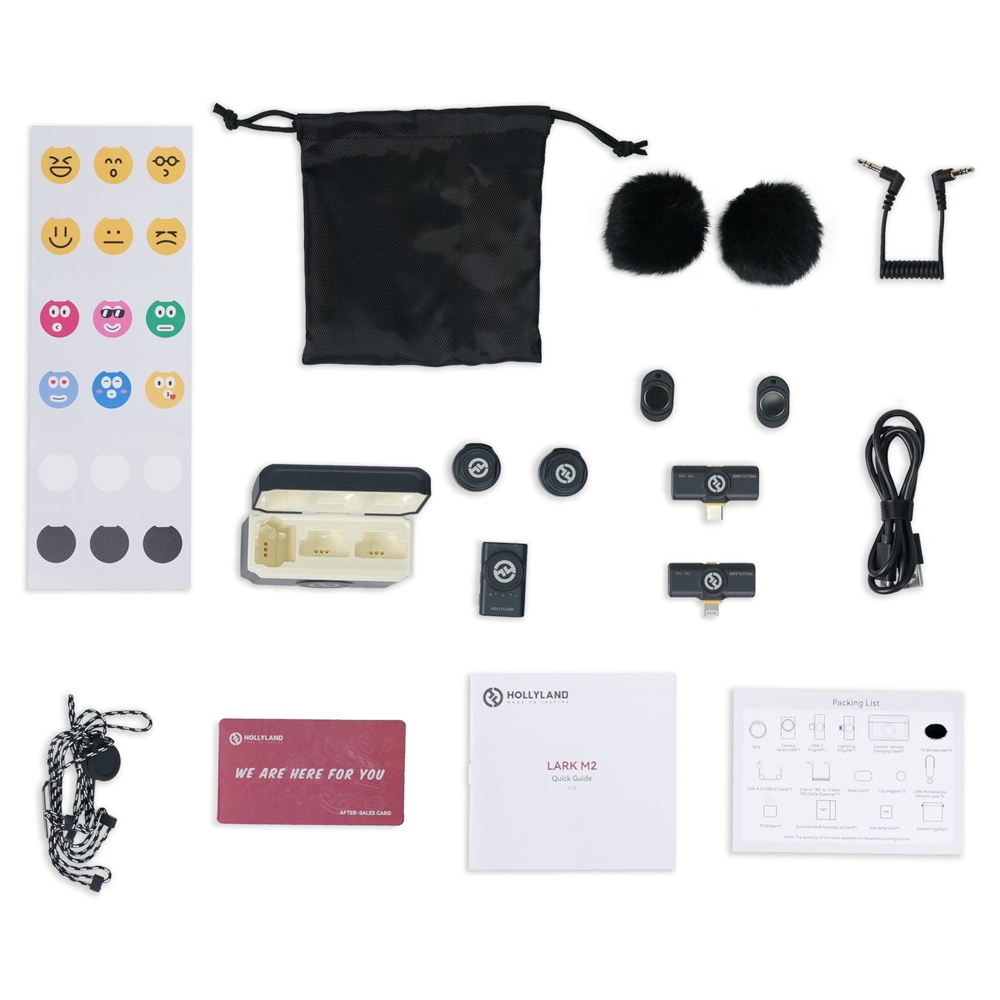 Hollyland Lark M2 Combo trådløst mikrofonsystem med etui, mikrofoner, USB-C kabler, vindskærme, pose og tilbehør.