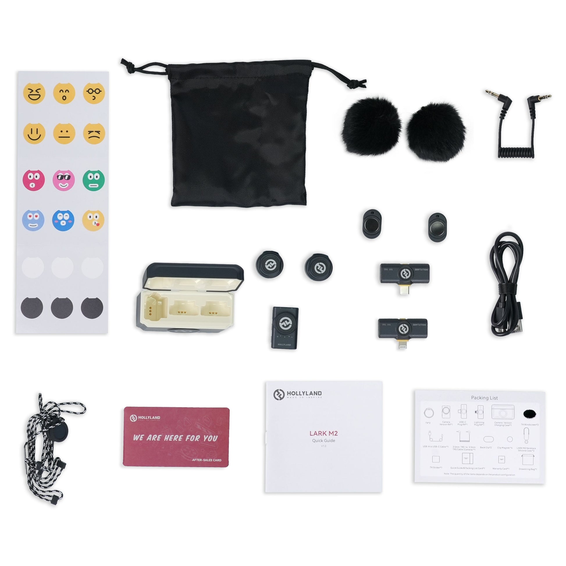 Hollyland Lark M2 Combo trådløst mikrofonsystem med etui, mikrofoner, USB-C kabler, vindskærme, pose og tilbehør.