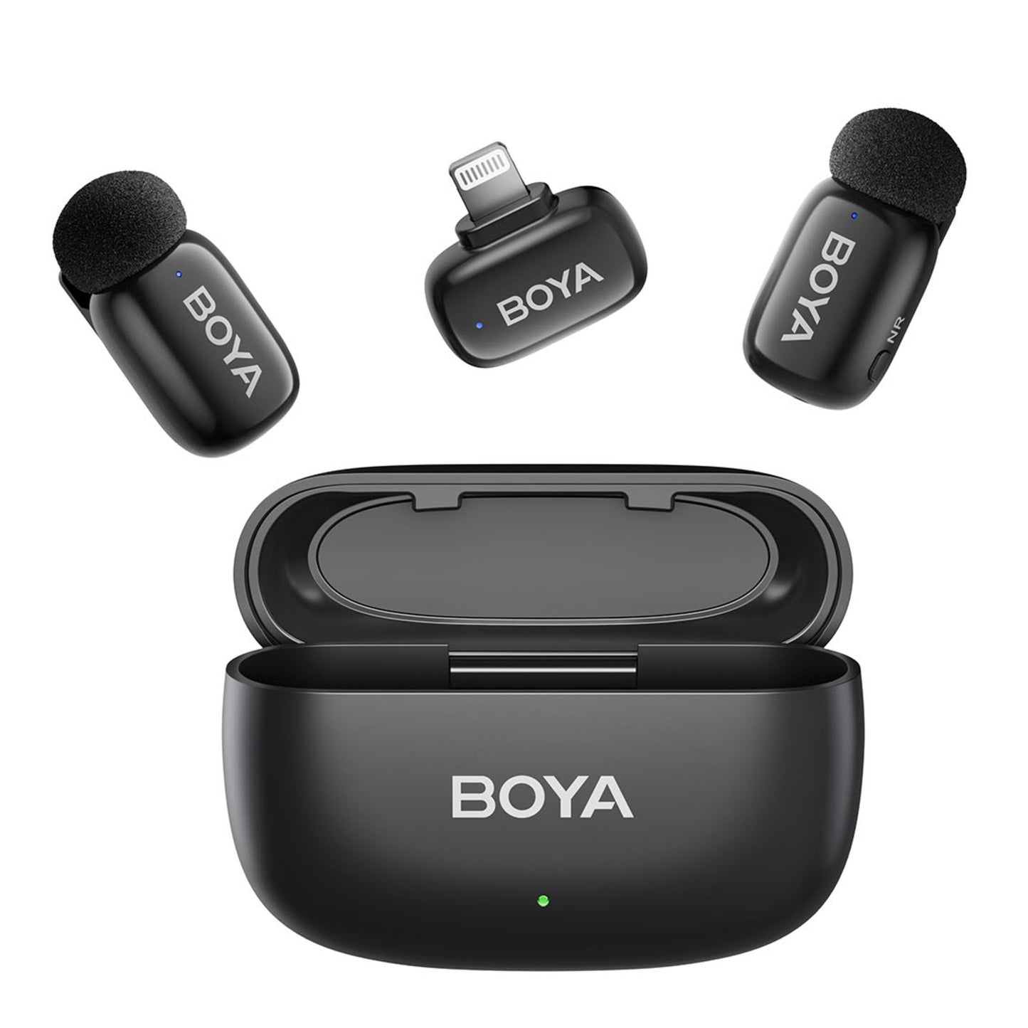 Boya Mini 2 trådløst mikrofonsystem til iPhone med to slags mikrofoner, Lightning receiver og åben opladeetui, Boya-logo.