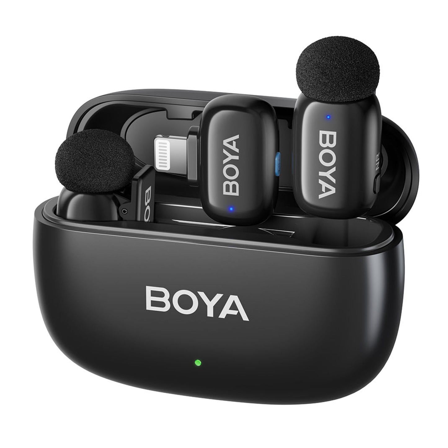 Boya Mini 2 trådløst mikrofonsystem til iPhone med to slags mikrofoner og modtagere i åben ladeæske, Boya-logo foran.