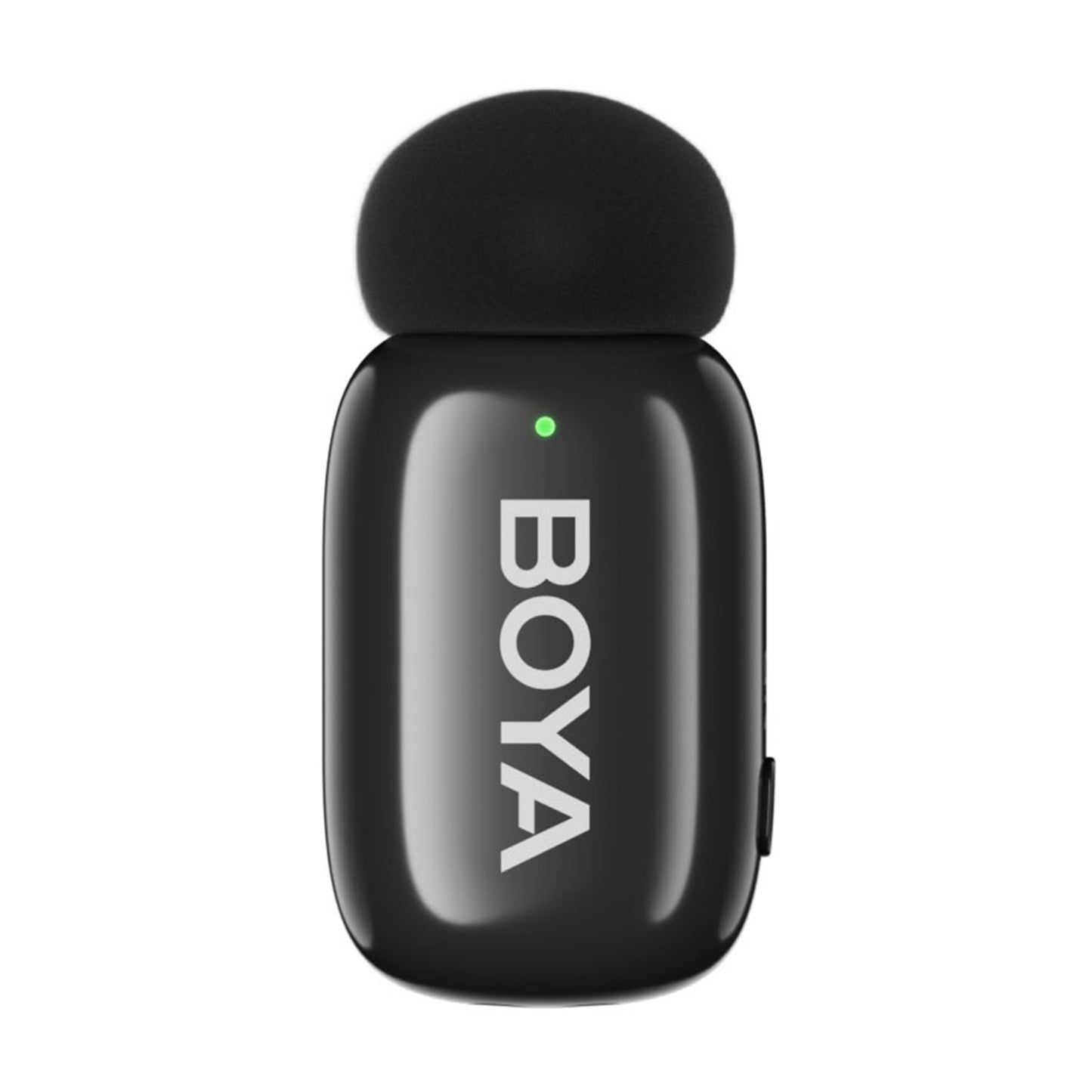 Boya Mini 2 trådløst mikrofonsystem til iPhone sort, skumvindhætte, grøn indikator, lodret hvidt Boya-logo.