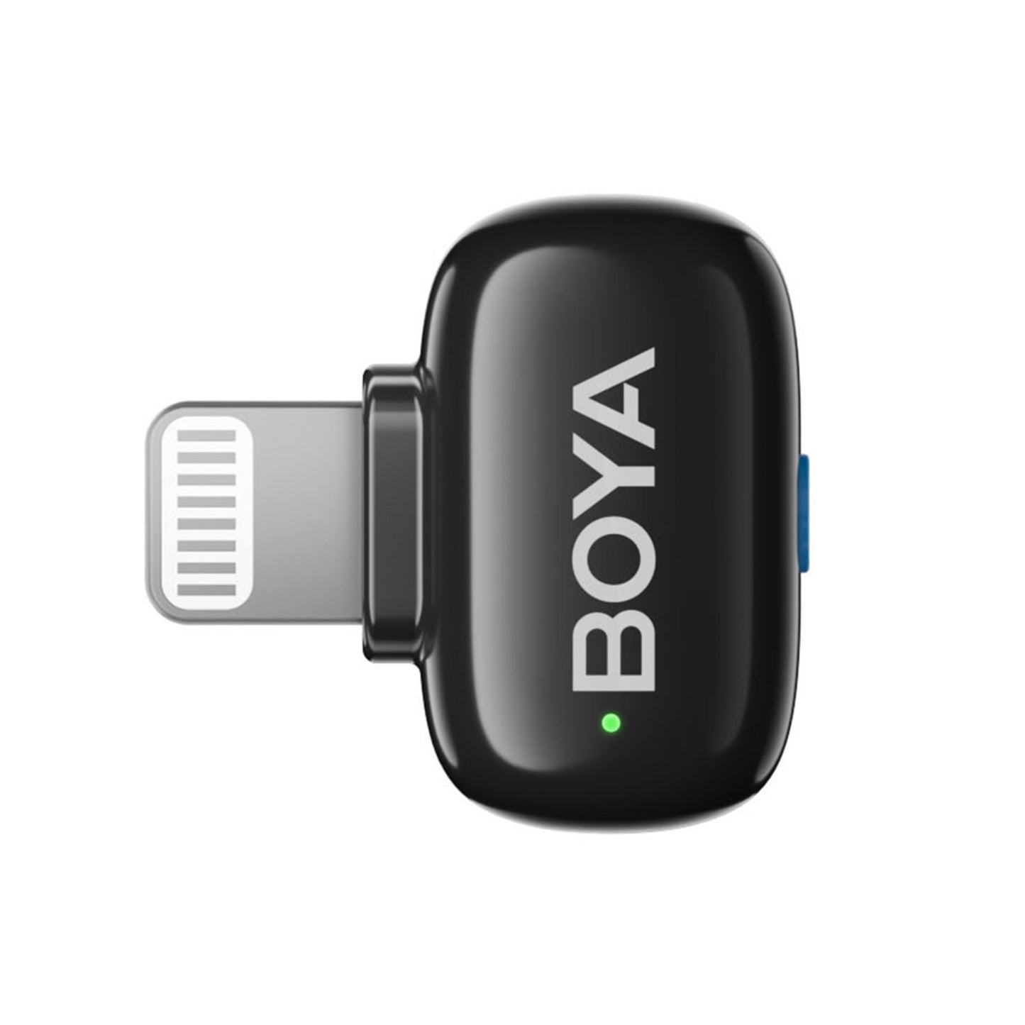 Boya Mini 2 trådløs mikrofon til iPhone, sort med grøn LED, kompakt design, egnet til Apple-enheder.