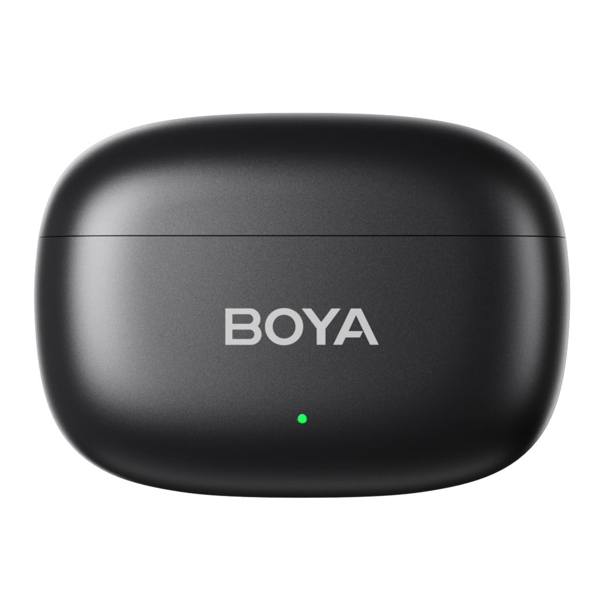 BOYA sort oval opladeetui med grøn LED og sølvlogo til Boya mini 2 trådløst mikrofonsystem til iPhone.