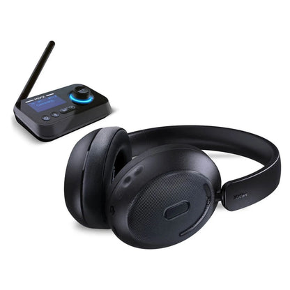 MIXX StreamQ TV-hovedtelefoner ved siden af StreamPort-sender med display, drejeknap og antenne.