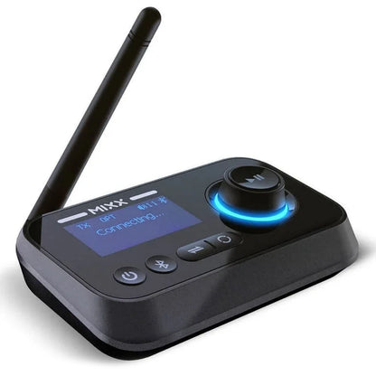 MIXX StreamQ trådløse TV-hovedtelefoner med 3D-surroundlyd, Bluetooth StreamPort-sender, antenne og "Connecting..."-display.