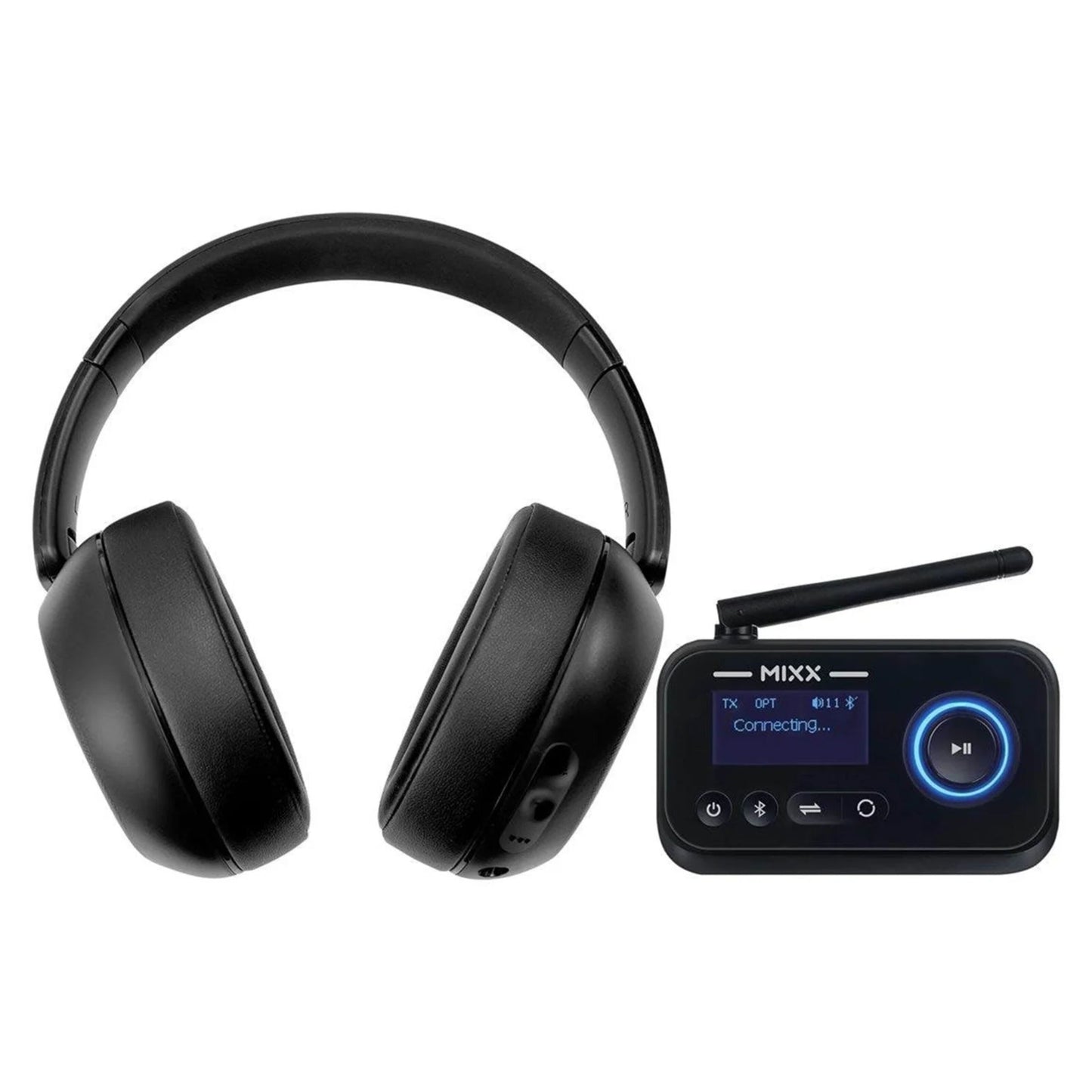 MIXX StreamQ TV-hovedtelefoner med sort StreamPort-sender, displayviser "Connecting..." og blå 3D-surround-lydindikator.