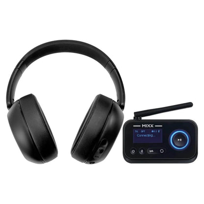 MIXX StreamQ TV-hovedtelefoner med sort StreamPort-sender, displayviser "Connecting..." og blå 3D-surround-lydindikator.