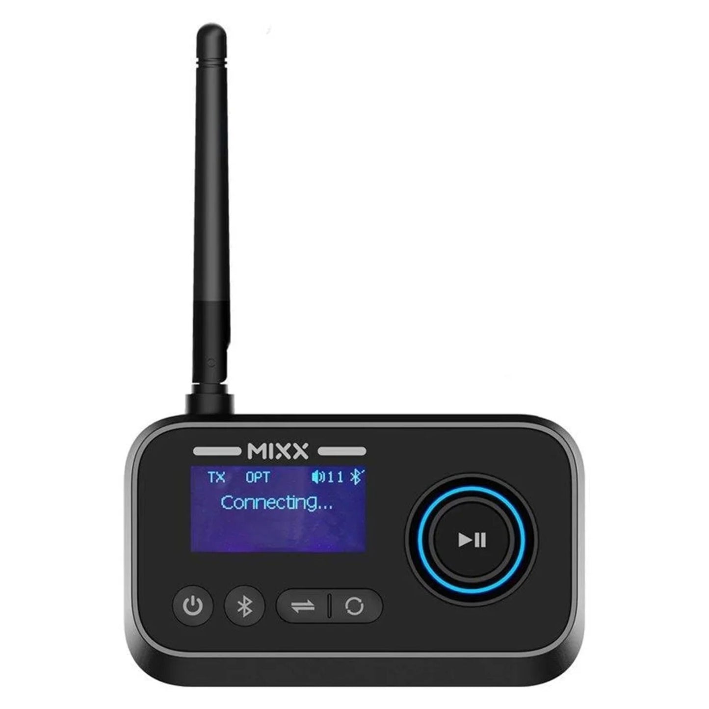 MIXX StreamPort-sender sort med antenne, display "Connecting...", flere knapper inkl. stor play-knap til StreamQ TV-hovedtelefoner.
