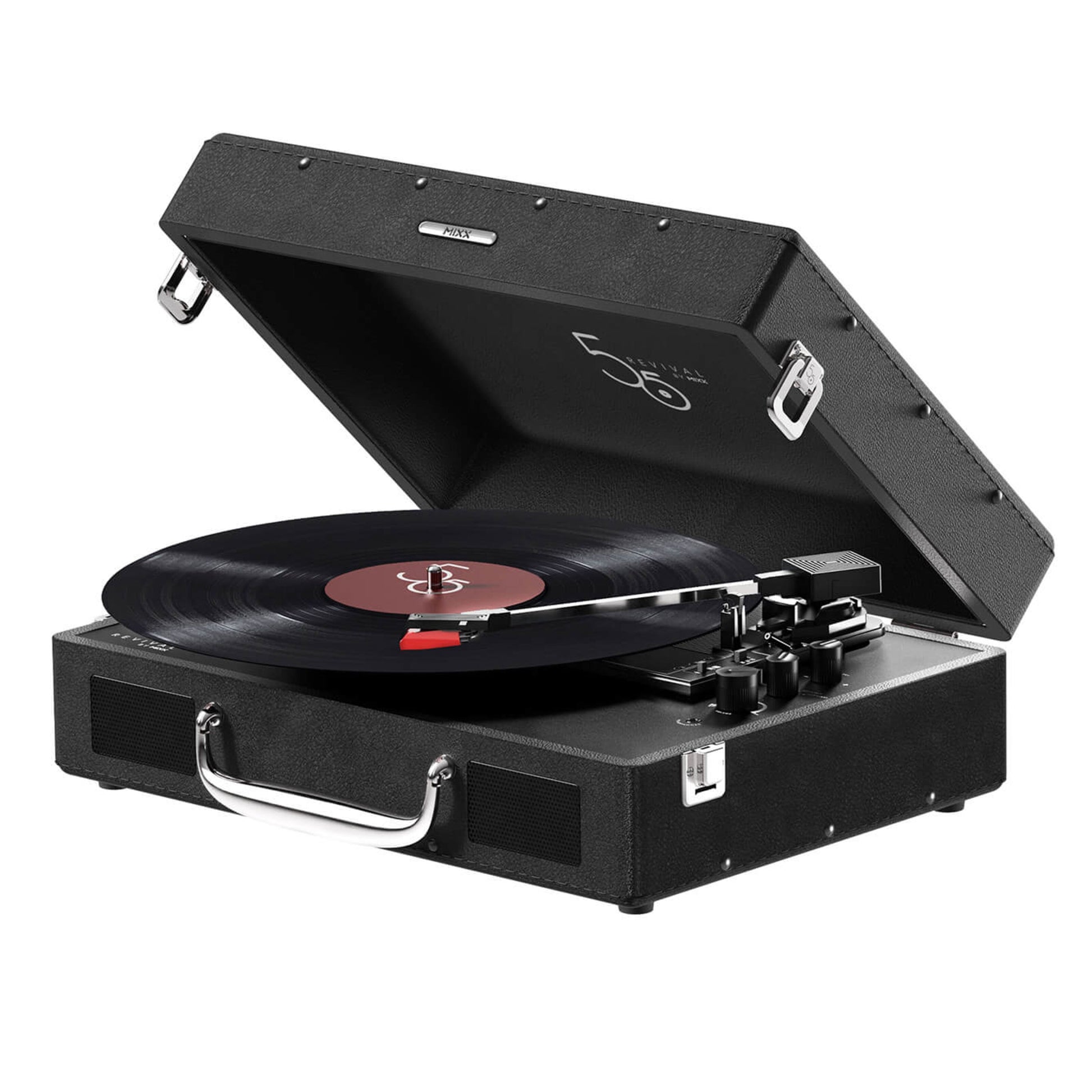 MIXX Revival 55 bærbar pladespiller sort kuffertdesign med vinylplade, åbent låg, synlige knapper og indbyggede højttalere.