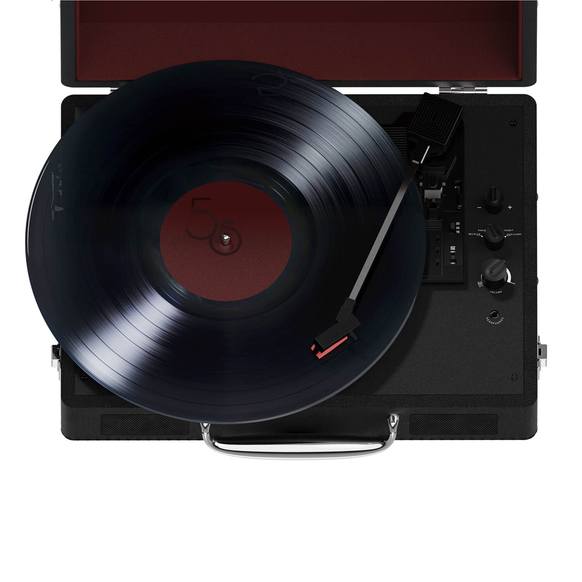 MIXX Revival 55 bærbar pladespiller sort med lukket låg, tonearm på vinylplade, kontrolknapper til højre.