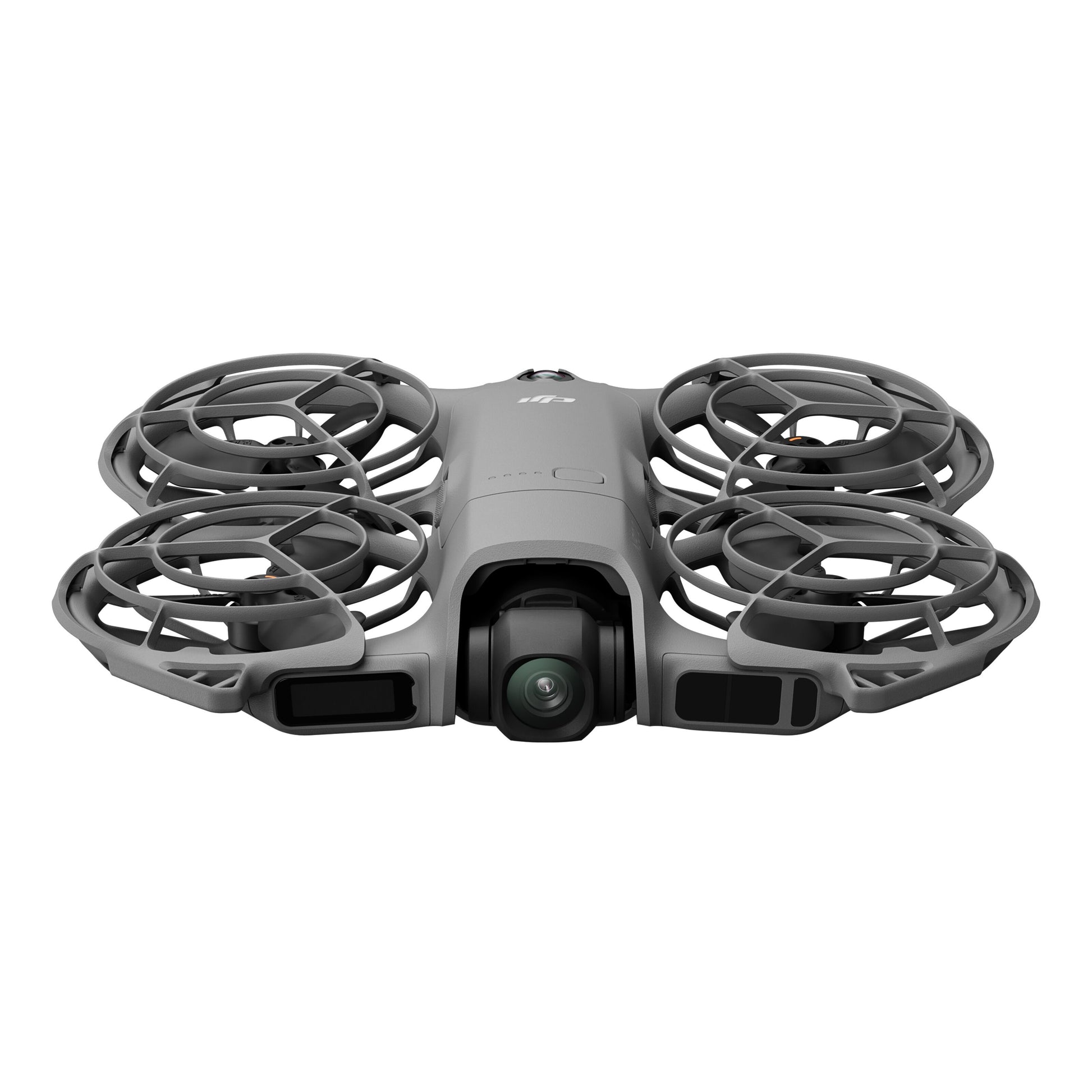 DJI Neo 2 ultralet drone grå, set forfra i vinkel med fire propeller, propelskærme og vidvinkelkamera til 4K video.