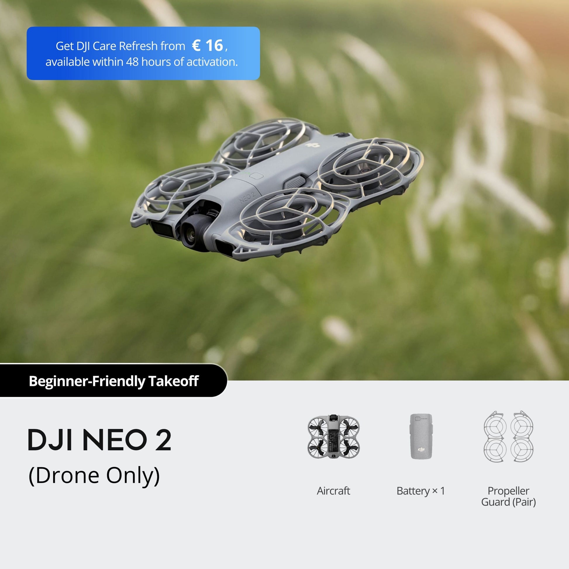 DJI Neo 2 ultralight drone over græs, DJI Care Refresh til €16, Neo 2 drone, batteri og propelbeskyttere vises.