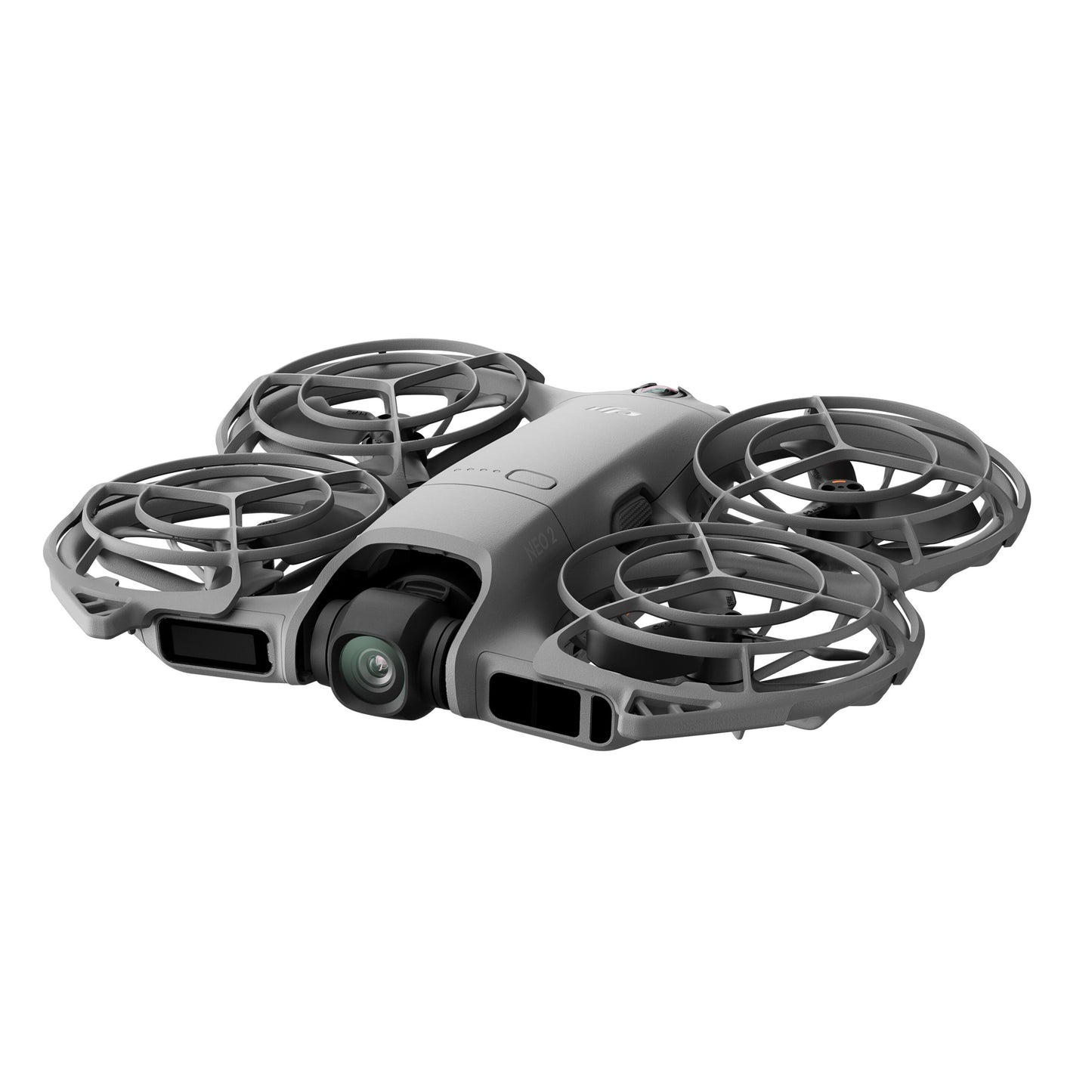 DJI Neo 2 grå ultralet drone med brandbeskyttet propel og frontkamera.