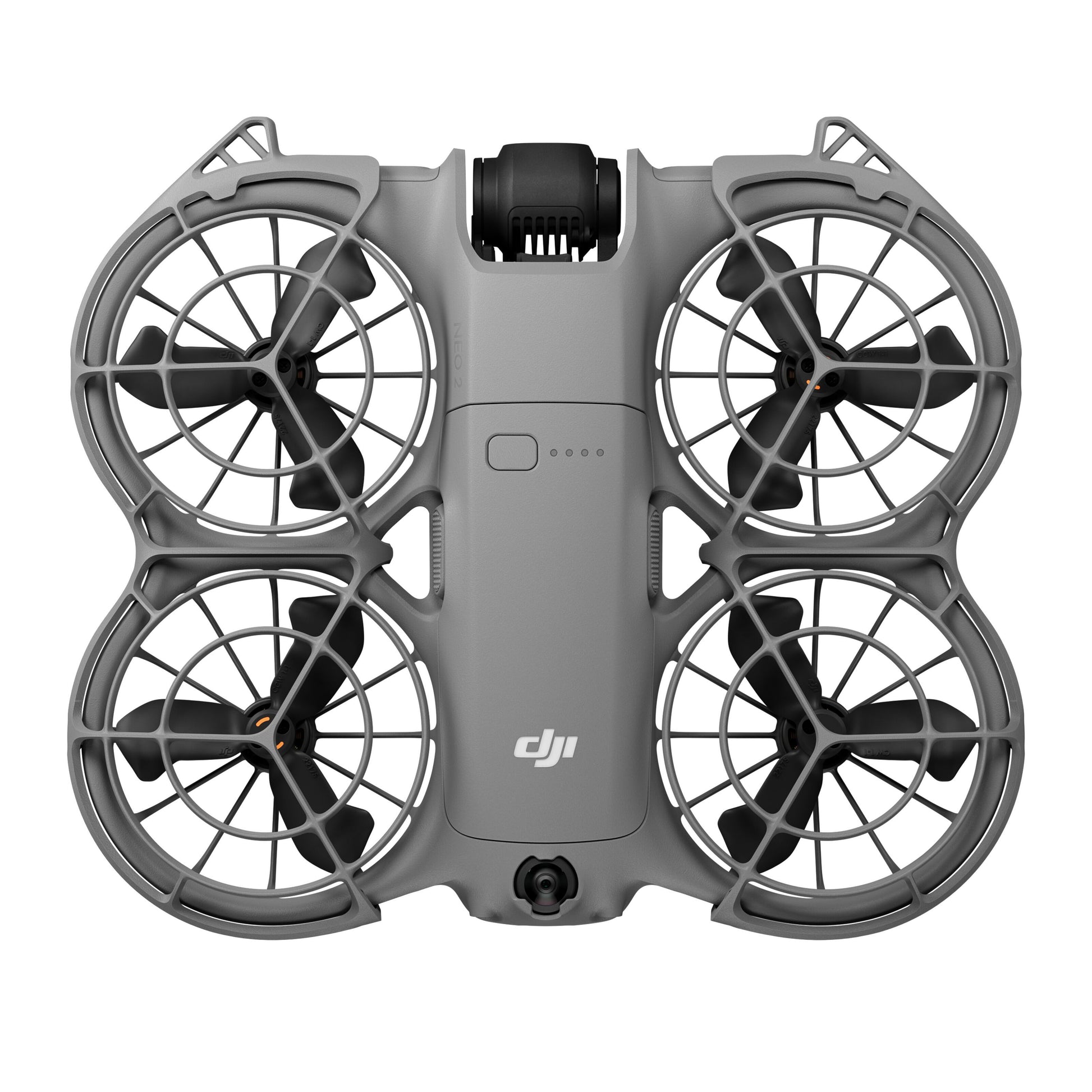 DJI Neo 2 dronesæt fra ovn med ildlukket propel, centralkrop med indikatorlys og DJI-logo.