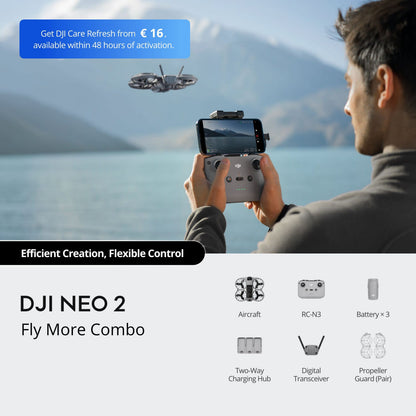 DJI Neo 2 Fly More Combo RC-N3 drone, fjernbetjening, smartphoneholder, ekstra batterier, oplader, propelbeskyttere.