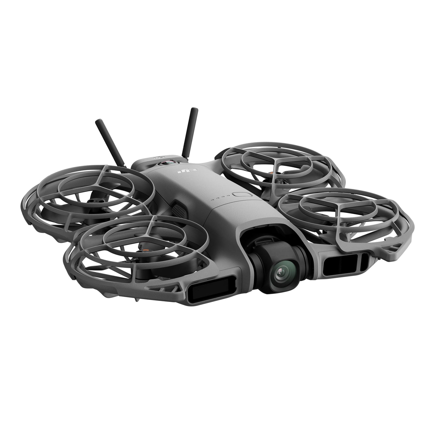 DJI Neo 2 Fly More Combo RC-N3 kompakt grå quadcopter med fire propeller, cirkulære guards, frontvendt 4K kamera, to topantenner.