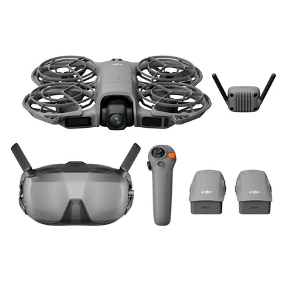 DJI Neo 2 Motion Fly More Combo med 4K drone, propelbeskyttere, FPV VR-briller, controller, to batterier og antennetilbehør.