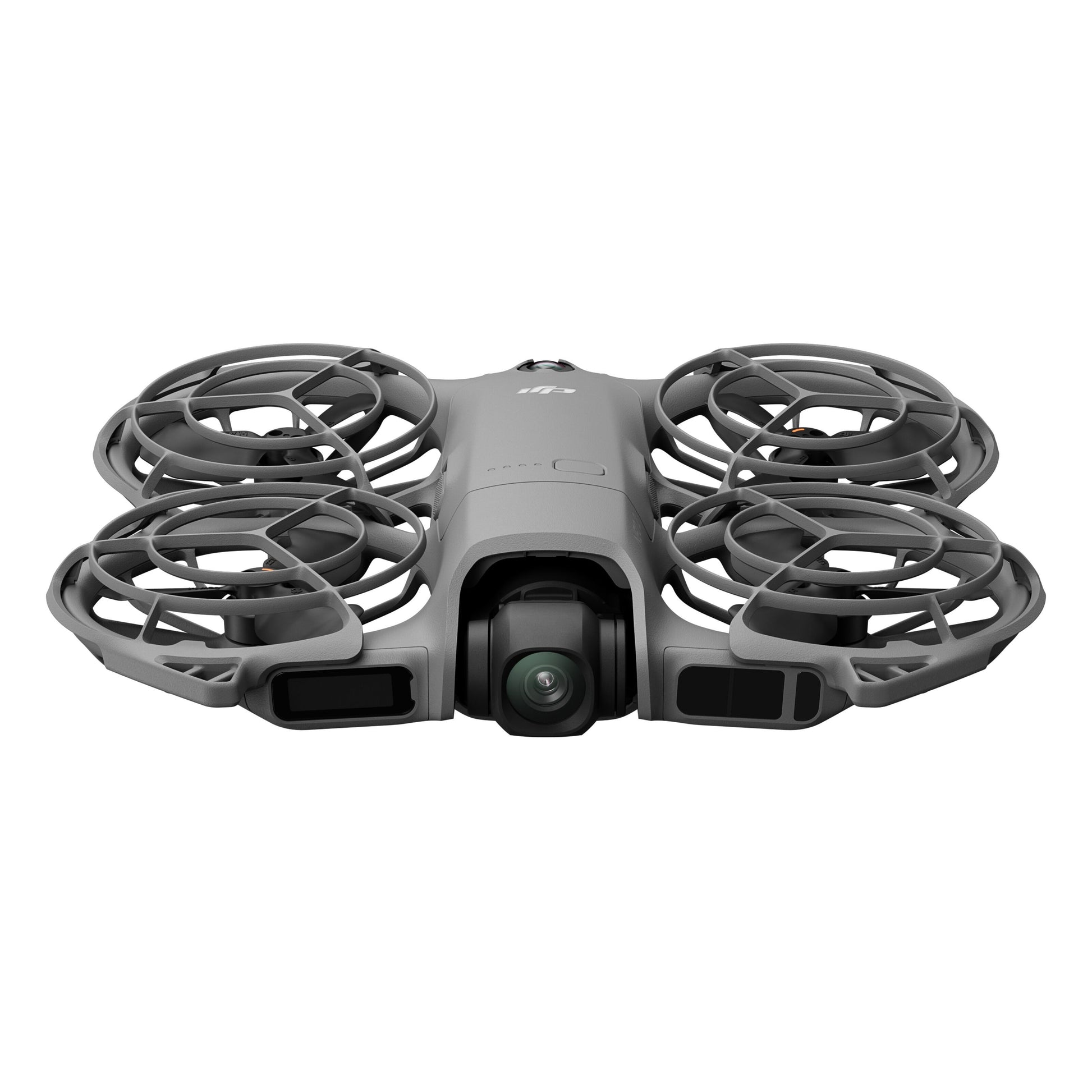 DJI Neo 2 Motion Fly More Combo grå quadcopter med fire propelbeskyttere og frontmonteret kameragimbal, set forfra.