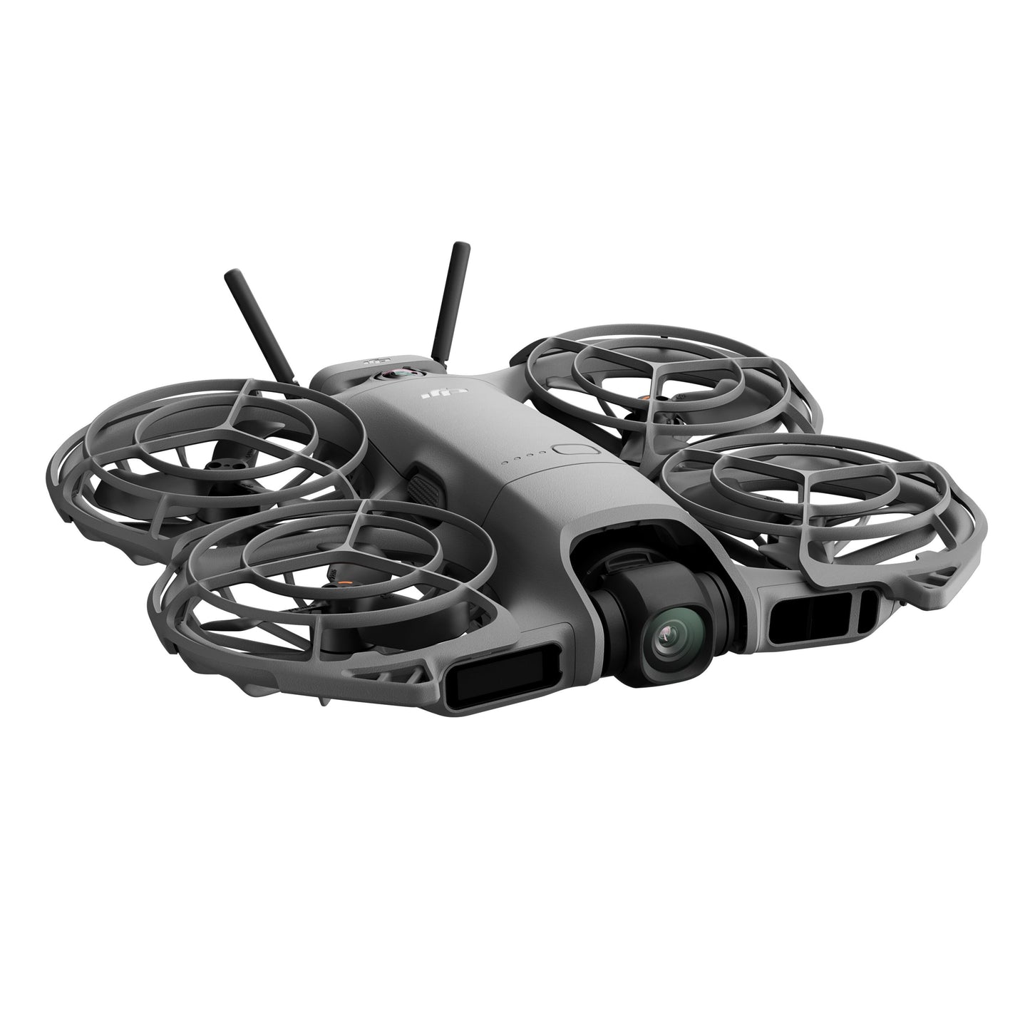 DJI Neo 2 Motion Fly More Combo kompakt grå drone med 4 propeller, cirkulære beskyttere, frontkamera og to antenner.