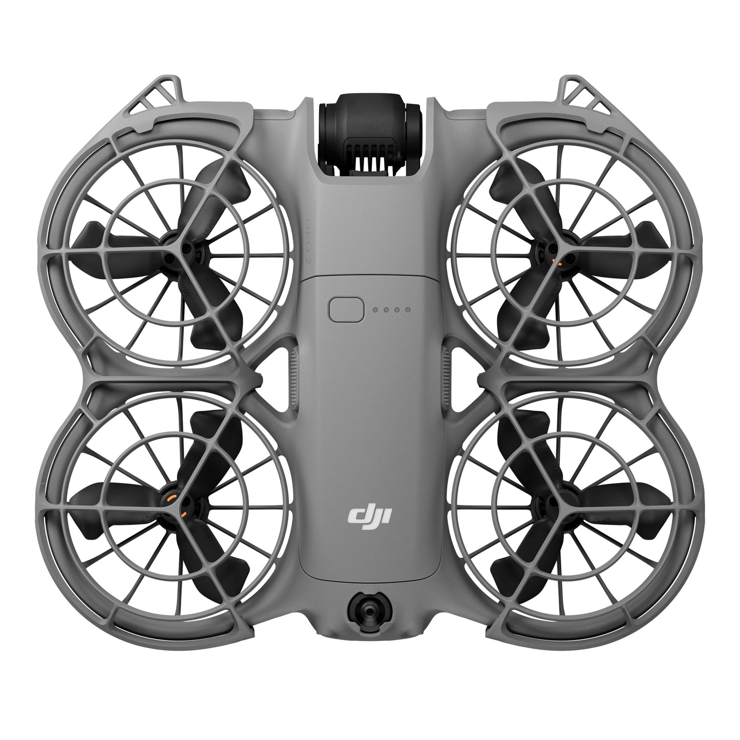 DJI Neo 2 Motion Fly More Combo drone i grå, topview, ildbeskyttet propel, centreret DJI-logo.