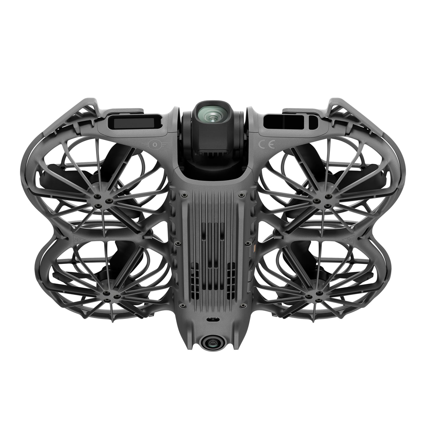 DJI Neo 2 Motion Fly More Combo quadcopter i sort med fire propeller med beskyttere og to kameraer, kompakt design.