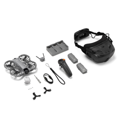 DJI Neo 2 Motion Fly More Combo kompakt 4K drone med controller, to batterier, propel, oplader og FPV-headset.