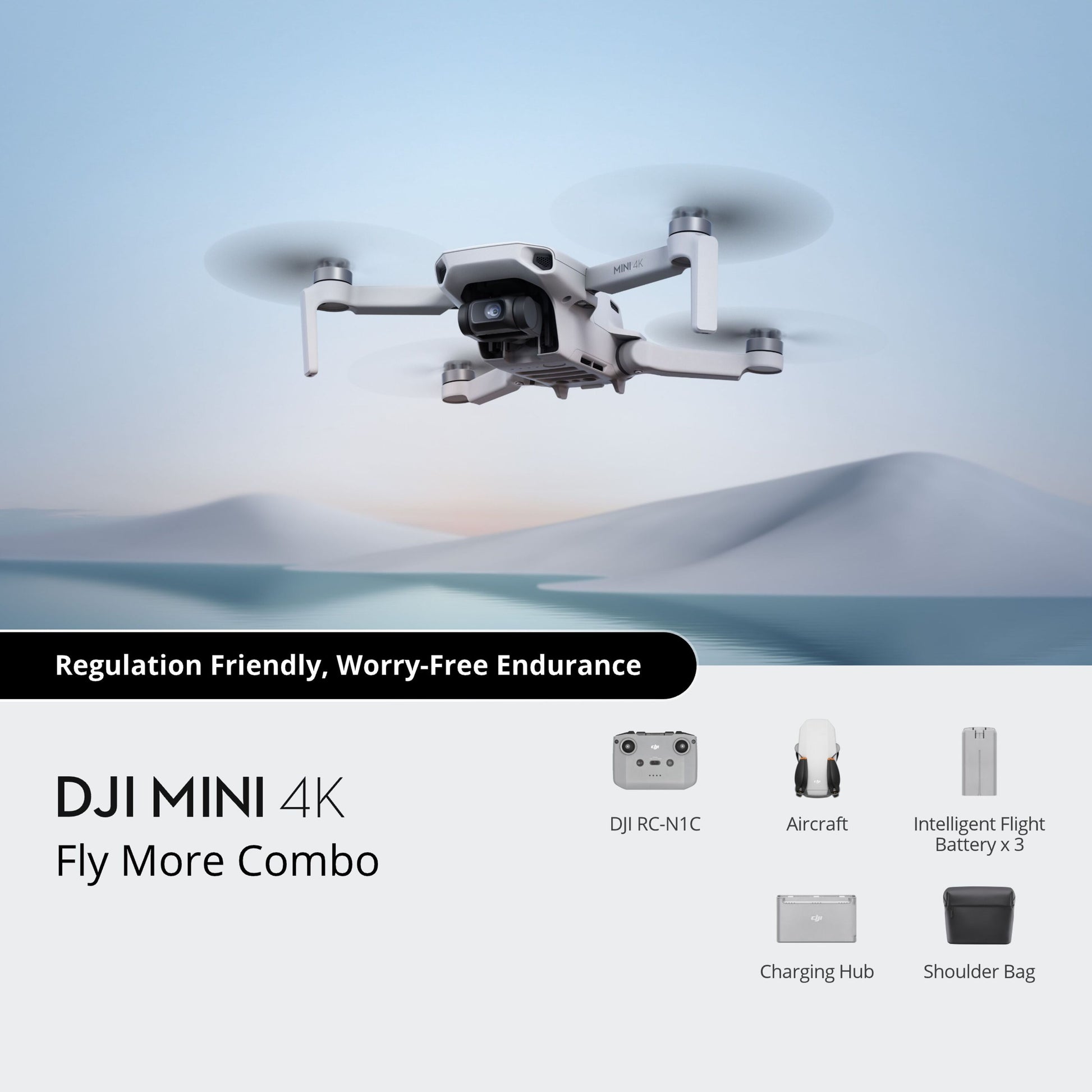 DJI Mini 4K Fly More Combo drone med 4K-video, RC-N1-controller, tre batterier, ladehub og skuldertaske.