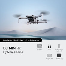 DJI Mini 4K Fly More Combo drone med 4K-video, RC-N1-controller, tre batterier, ladehub og skuldertaske.