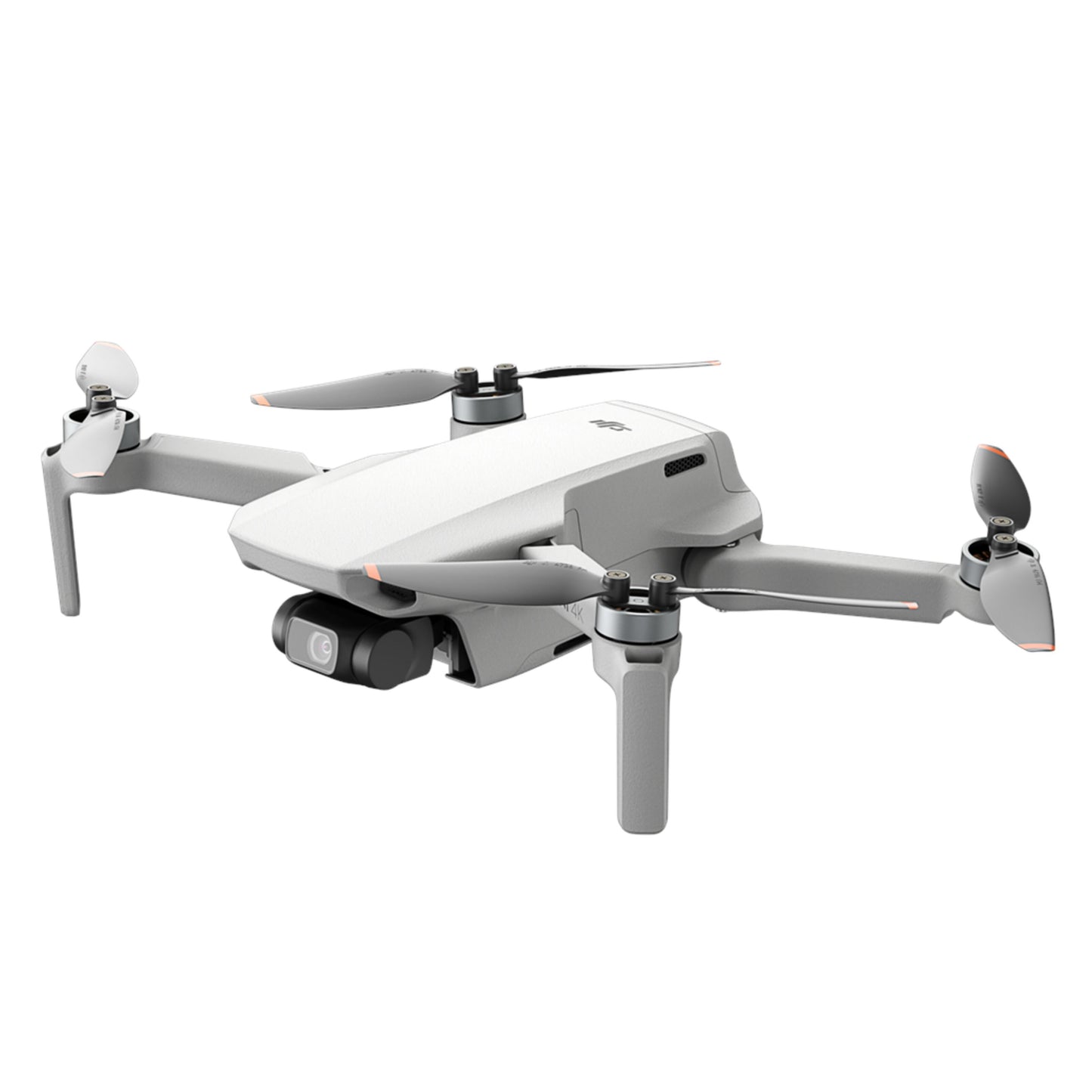 DJI Mini 4K Fly More Combo hvid drone med ildpropeller, frontkamera og 4K-video.