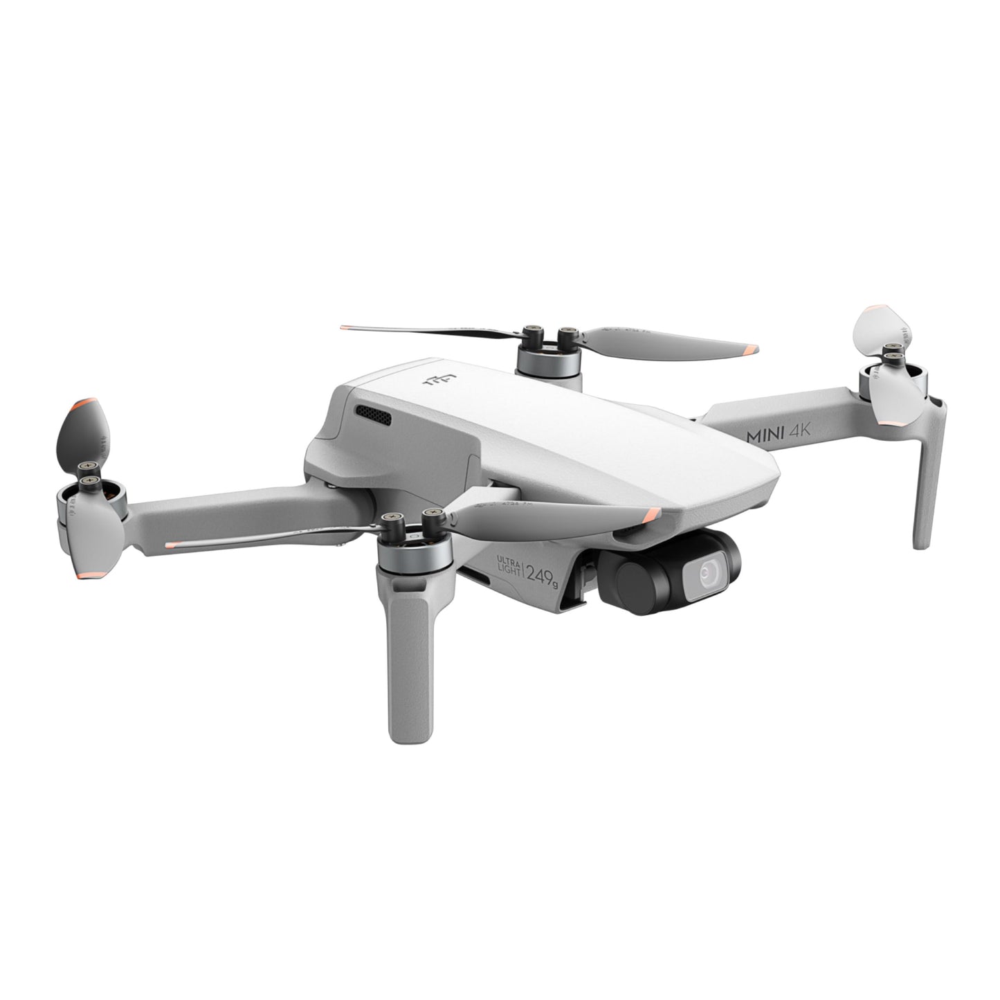 DJI Mini 4K Fly More Combo kompakt drone med ildpropeller, frontmonteret undersidekamera og Mini 4K-logo på armen.