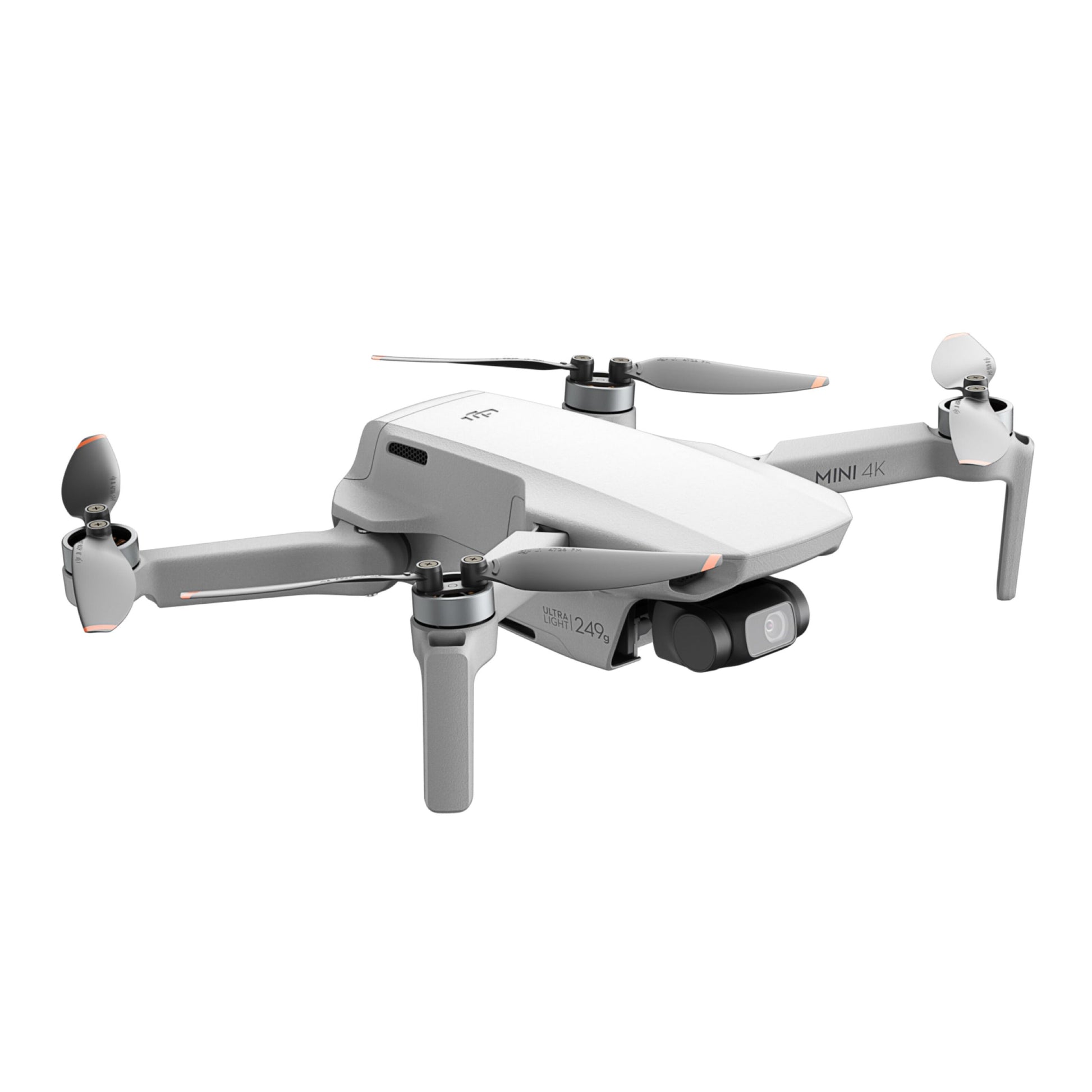 DJI Mini 4K Fly More Combo kompakt drone med ildpropeller, frontmonteret undersidekamera og Mini 4K-logo på armen.