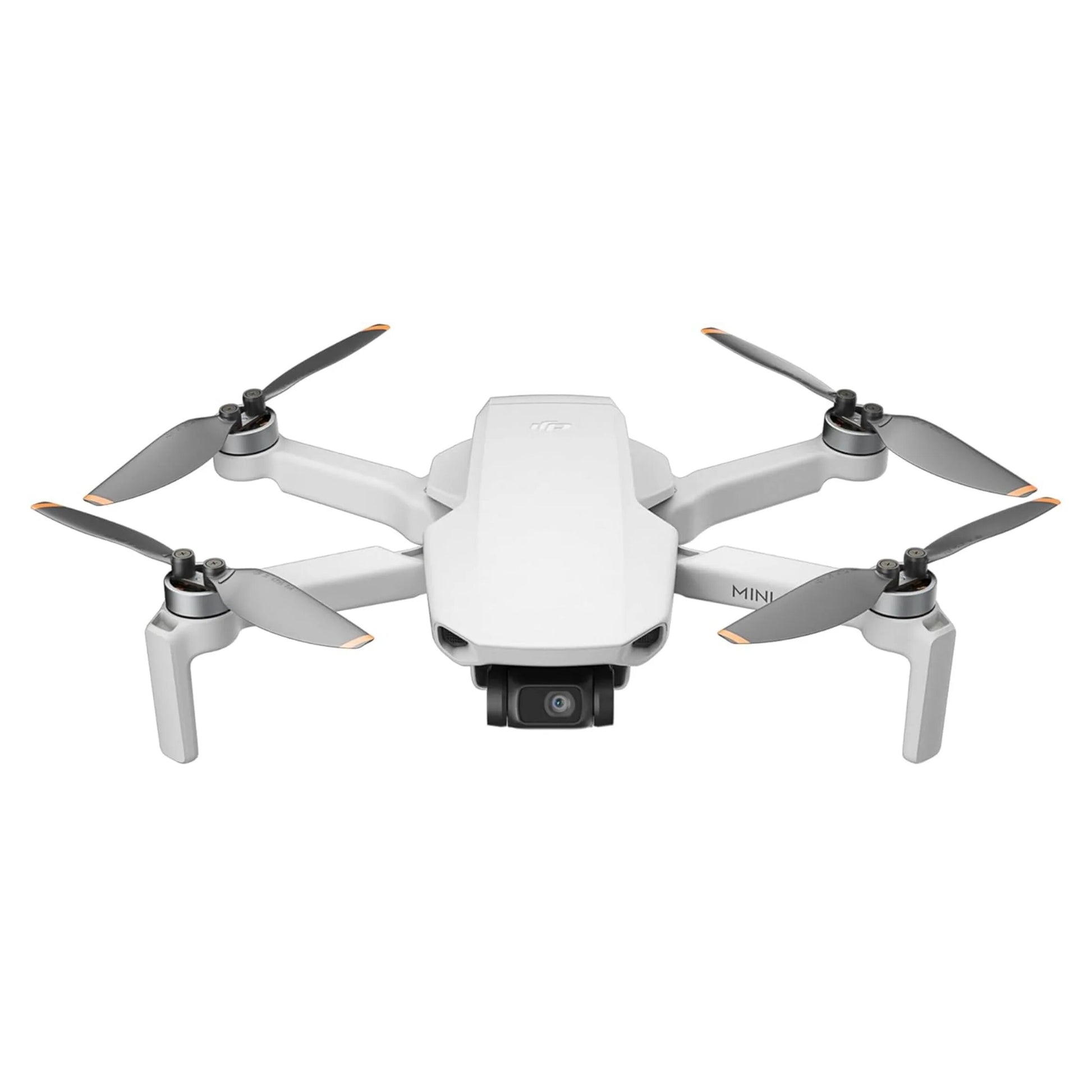 DJI Mini 4K Fly More Combo drone med 4K kamera, fire sorte propeller, kompakt design, set fra let hævet vinkel.