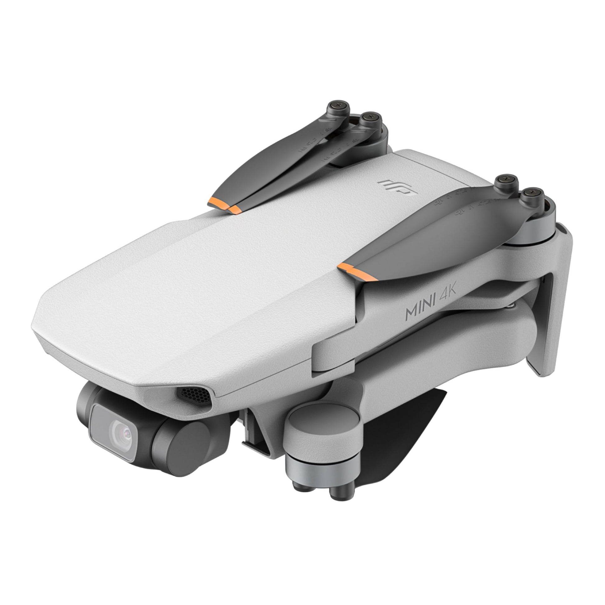 DJI Mini 4K Fly More Combo drone med 4K-video, sort propel med orange spidser, MINI 4K-logo og frontkamera.