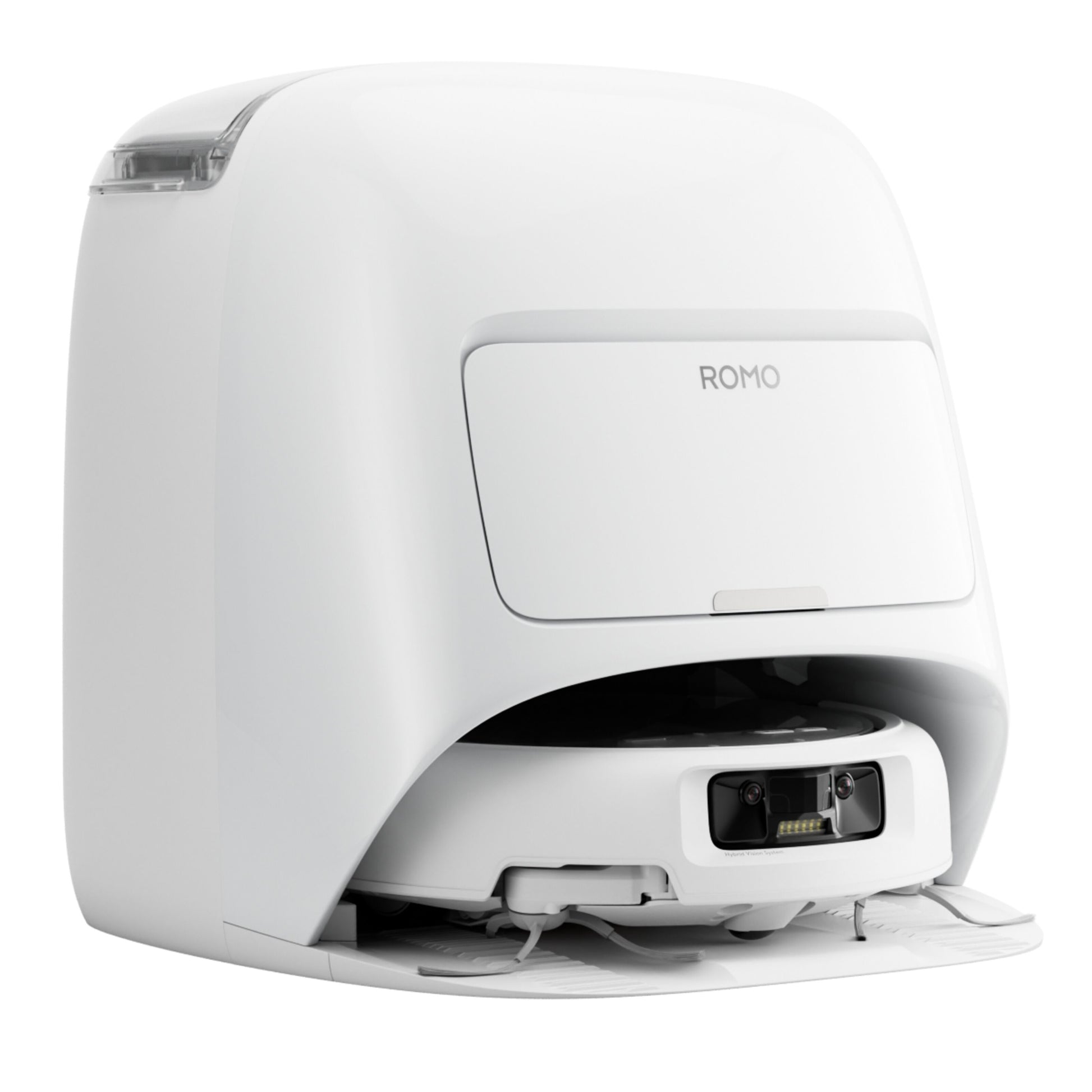 DJI ROMO S robotstøvsuger og -moppe med 3D LiDAR, vandtankversion, delvist i selv-tømmende dokningsstation.