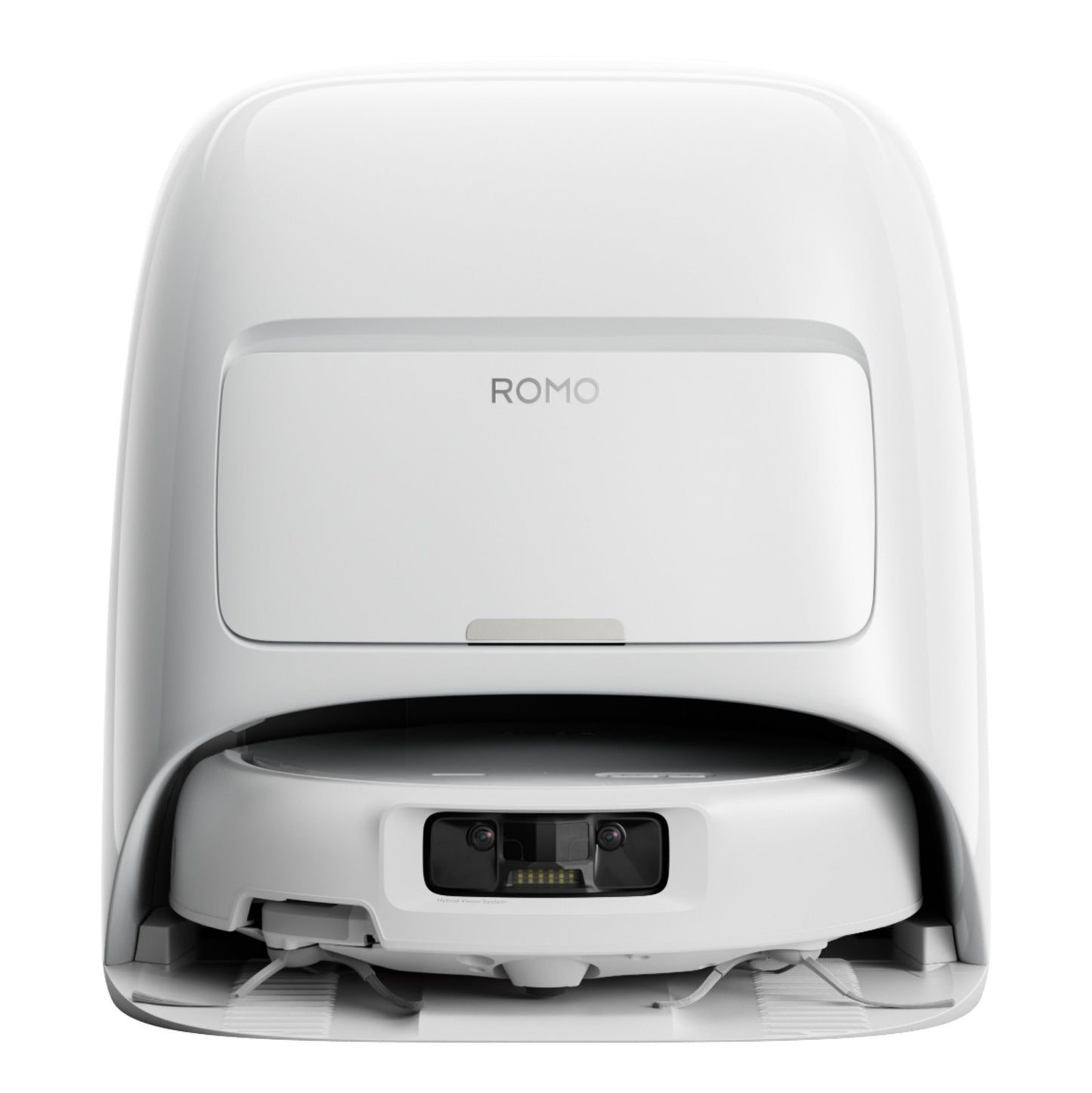DJI ROMO S robotstøvsuger og -moppe med 3D LiDAR, vandtankversion, delvist i selv-tømmende dock set forfra.