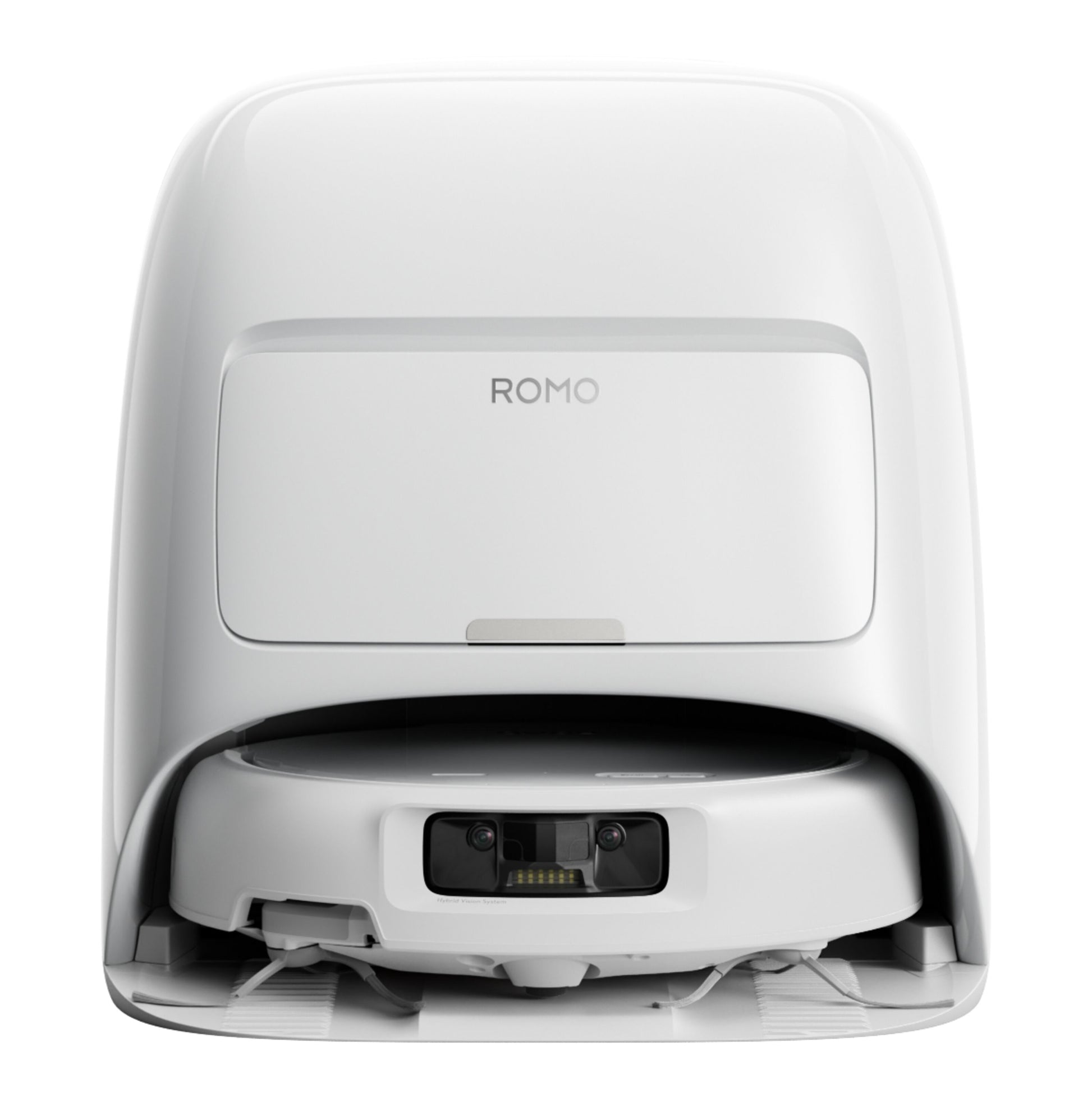 DJI ROMO S robotstøvsuger og -moppe med 3D LiDAR, vandtankversion, delvist i selv-tømmende dock set forfra.