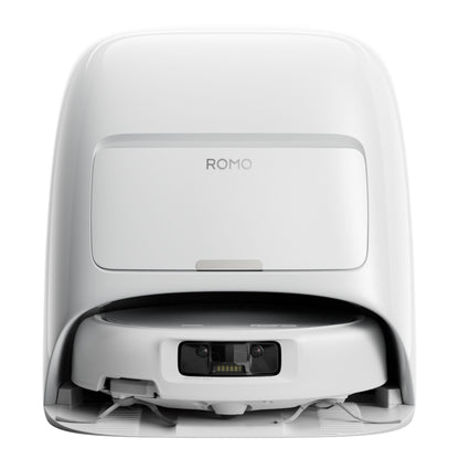 DJI ROMO S robotstøvsuger og -moppe med 3D LiDAR, vandtankversion, delvist i selv-tømmende dock set forfra.