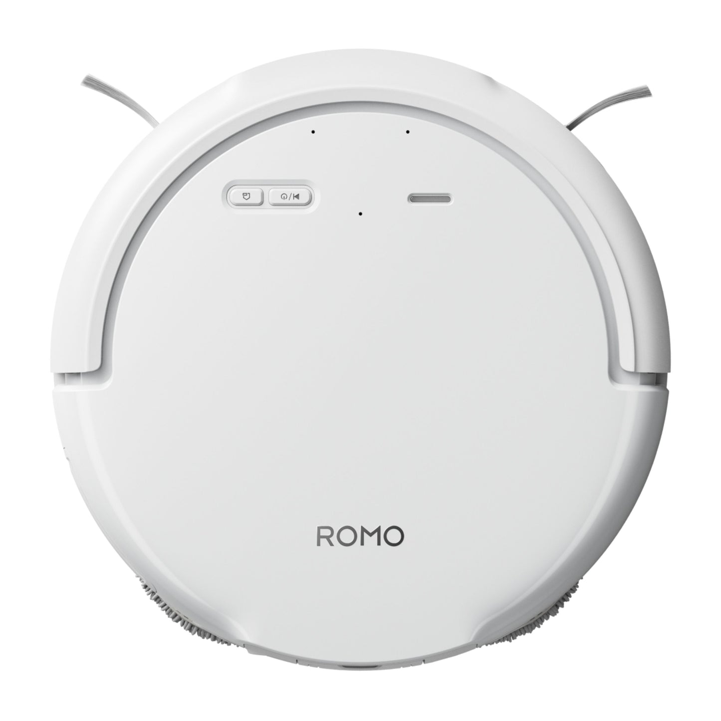ROMO S robotstøvsuger og -moppe med 3D LiDAR, hvid, rund, kontrolknapper på toppen, to sidebørster, selv-tømmende dok kompatibel.