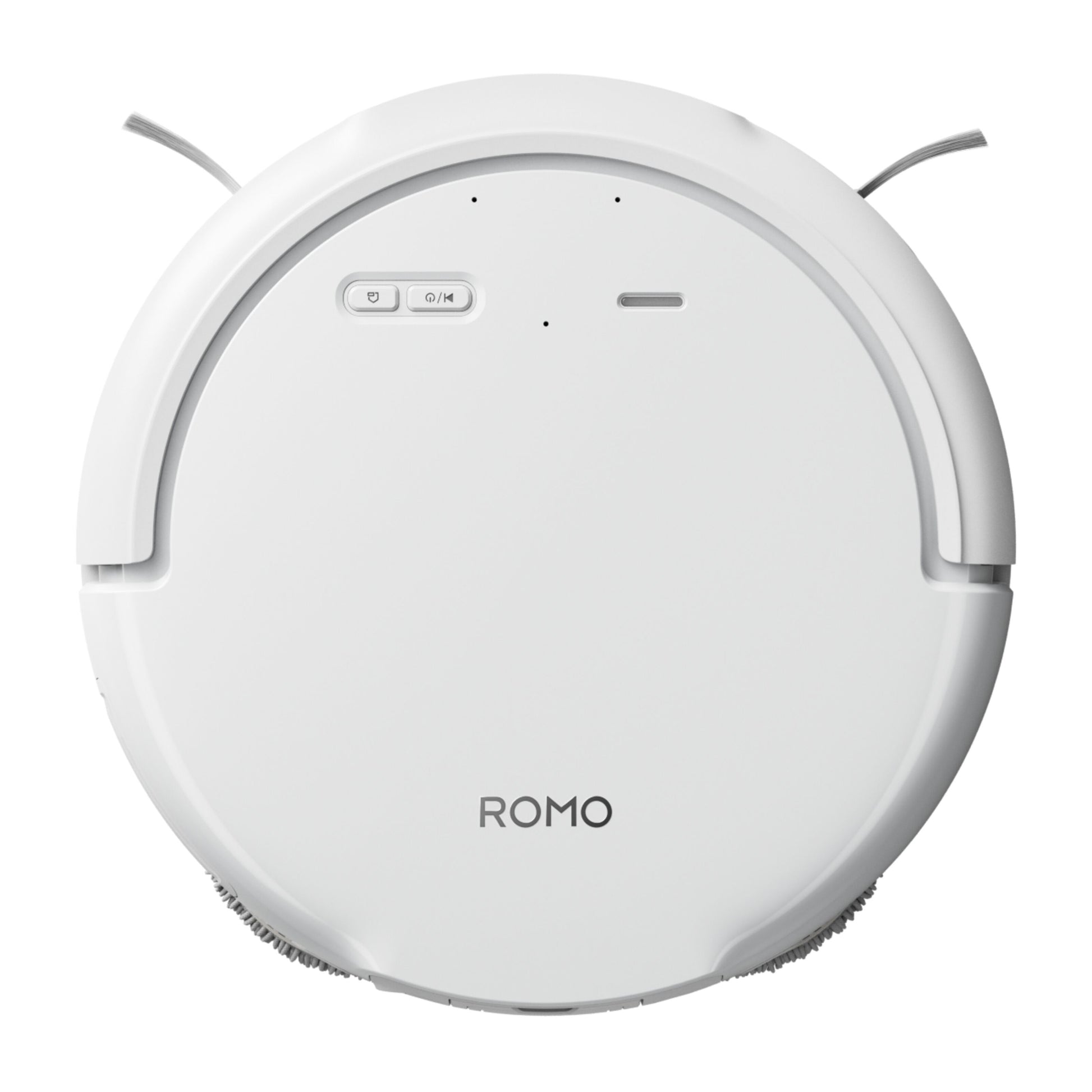 ROMO S robotstøvsuger og -moppe med 3D LiDAR, hvid, rund, kontrolknapper på toppen, to sidebørster, selv-tømmende dok kompatibel.
