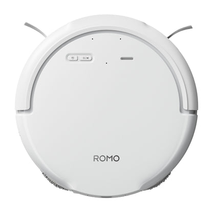 ROMO S robotstøvsuger og -moppe med 3D LiDAR, hvid, rund, kontrolknapper på toppen, to sidebørster, selv-tømmende dok kompatibel.