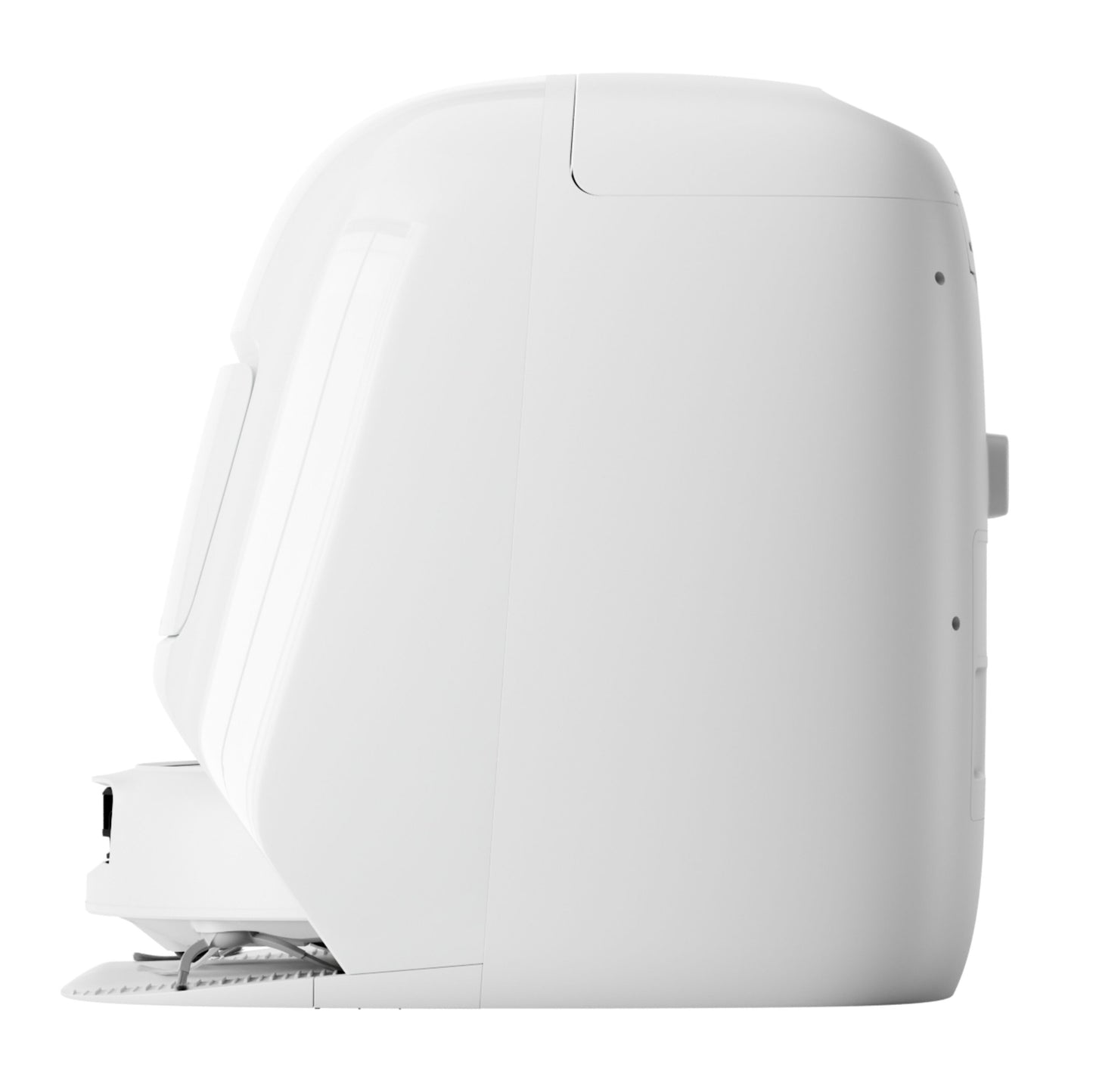 DJI ROMO S robotstøvsuger og -moppe, hvid, 3D LiDAR, sideprofil med håndtag og delvist åben bundbakke.