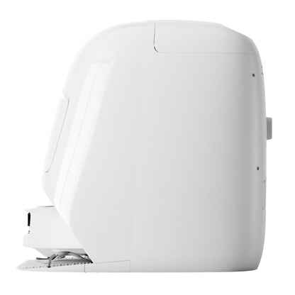 DJI ROMO S robotstøvsuger og -moppe, hvid, 3D LiDAR, sideprofil med håndtag og delvist åben bundbakke.