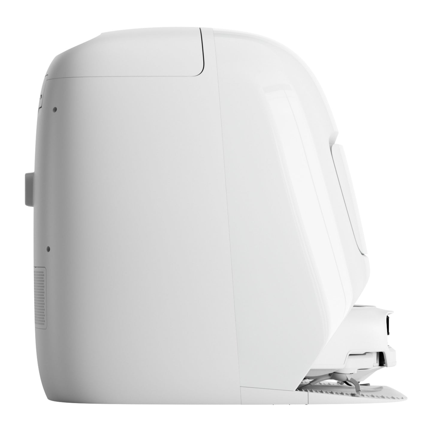 Hvid kompakt espressomaskine sat fra siden ved siden af DJI ROMO S robotstøvsuger og moppe med 3D LiDAR og vandtank.