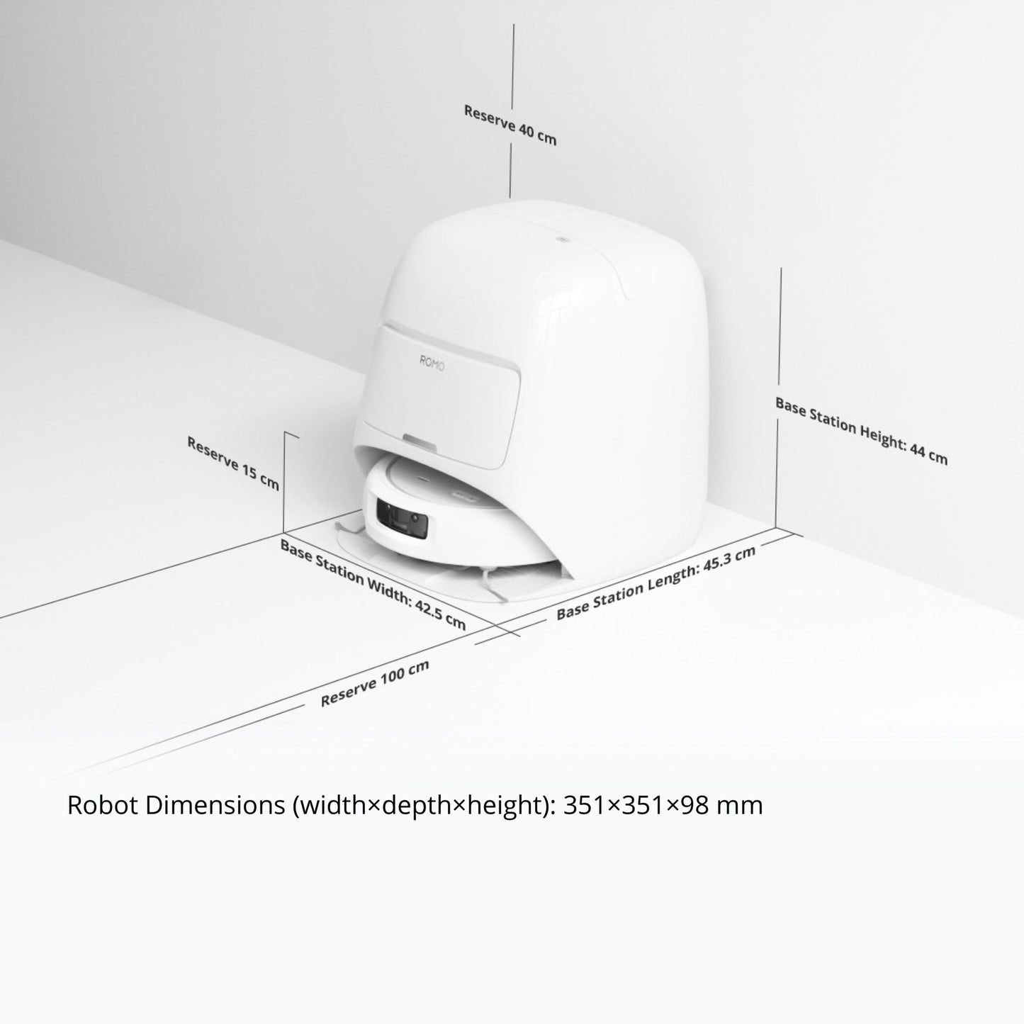 DJI ROMO S robotstøvsuger og moppe 3D LiDAR vandtank, i selv-tømmende dock 42,5×43,5×44 cm, robot 351×351×98 mm.