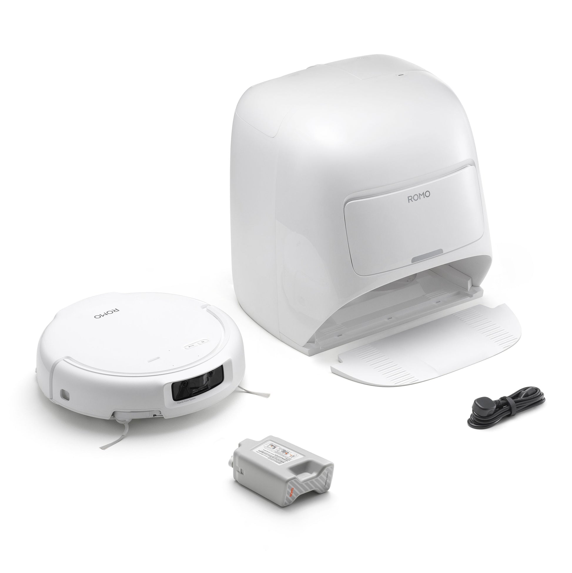DJI ROMO S robotstøvsuger og -moppe, 3D LiDAR, vandtank, selvtømmende dokningsstation, batteri og strømkabel.