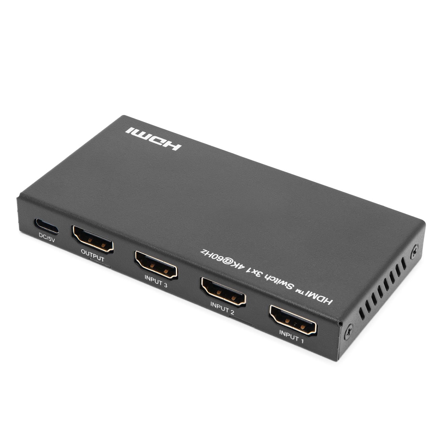 4K HDMI-switch 3-vejs, sort, rektangulær med "HDMI" på toppen, 3 indgange, 1 udgang og DC 5V-port på siden.