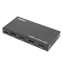4K HDMI-switch 3-vejs, sort, rektangulær med "HDMI" på toppen, 3 indgange, 1 udgang og DC 5V-port på siden.