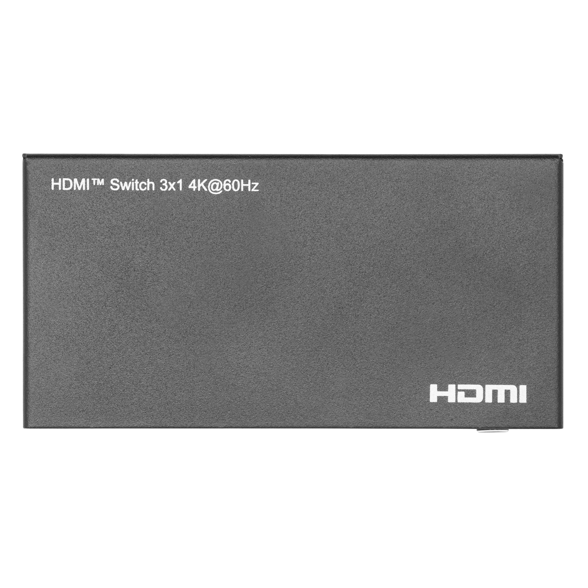 Sort HDMI-switch 3x1 4K60Hz, hvid tekst øverst til venstre, HDMI-logo nederst til højre, rektangulær.