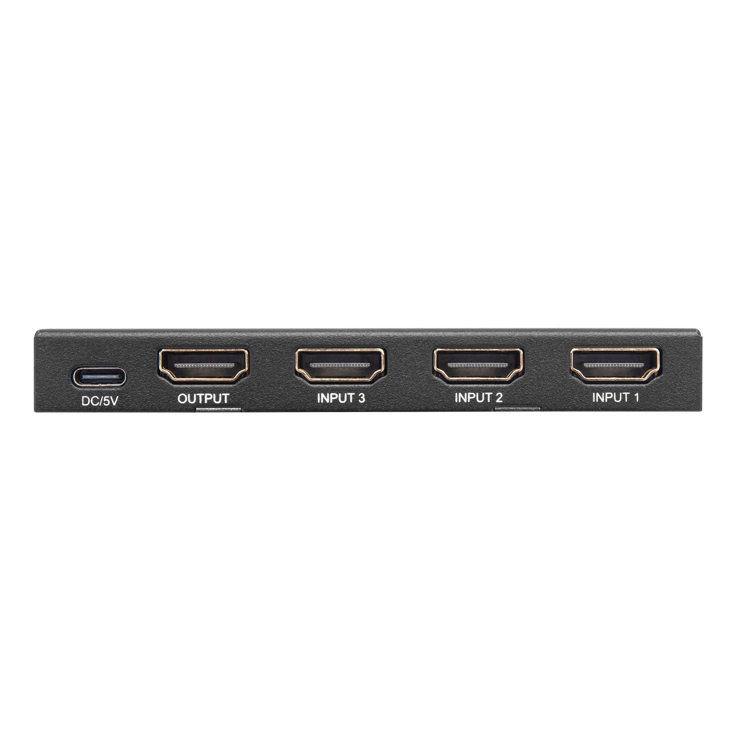 Luxorparts 4K HDMI-switch 3-vejs, front med USB-C DC/5V-port og fire HDMI-porte: Udgang, indgang 3, indgang 2, indgang 1.