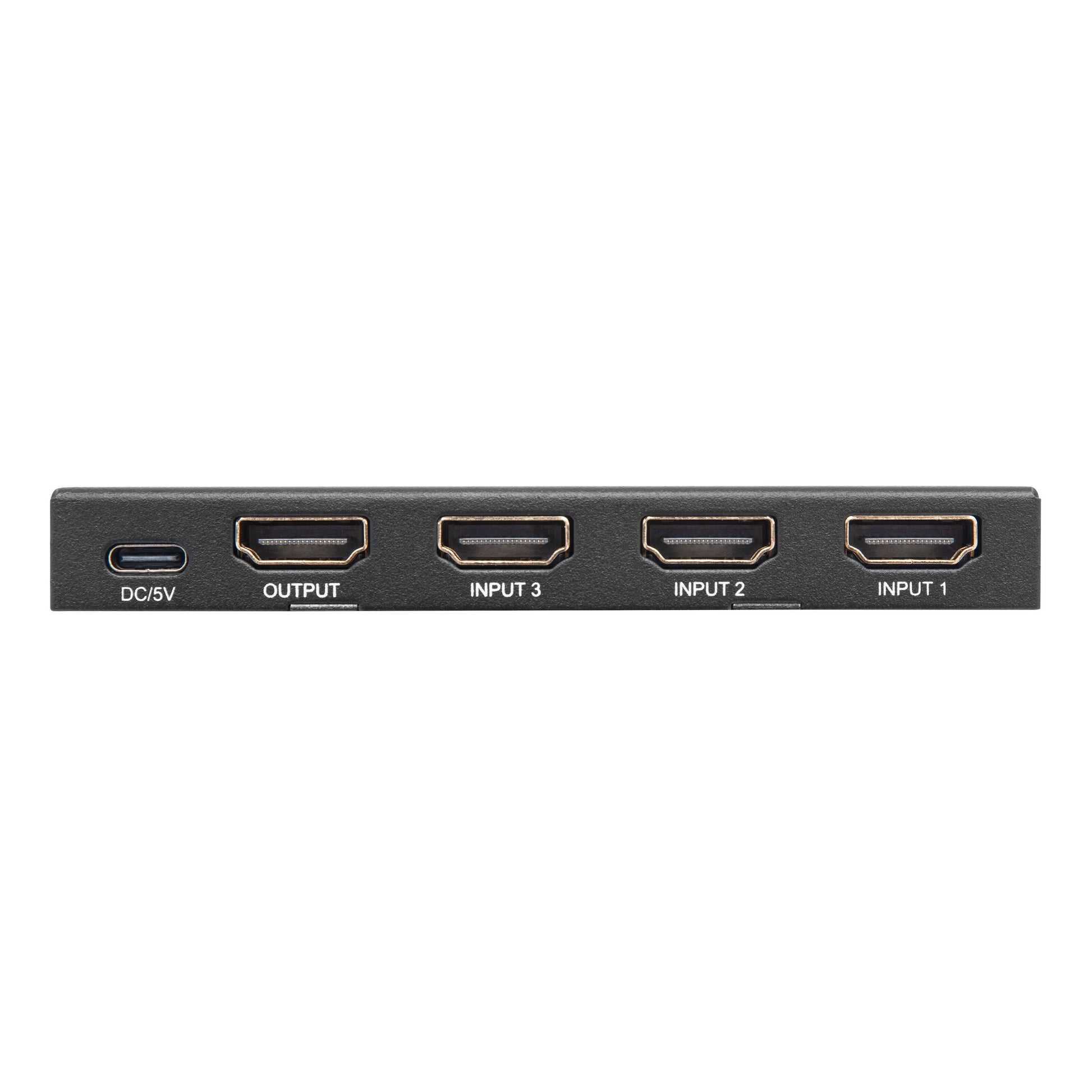 Luxorparts 4K HDMI-switch 3-vejs, front med USB-C DC/5V-port og fire HDMI-porte: Udgang, indgang 3, indgang 2, indgang 1.